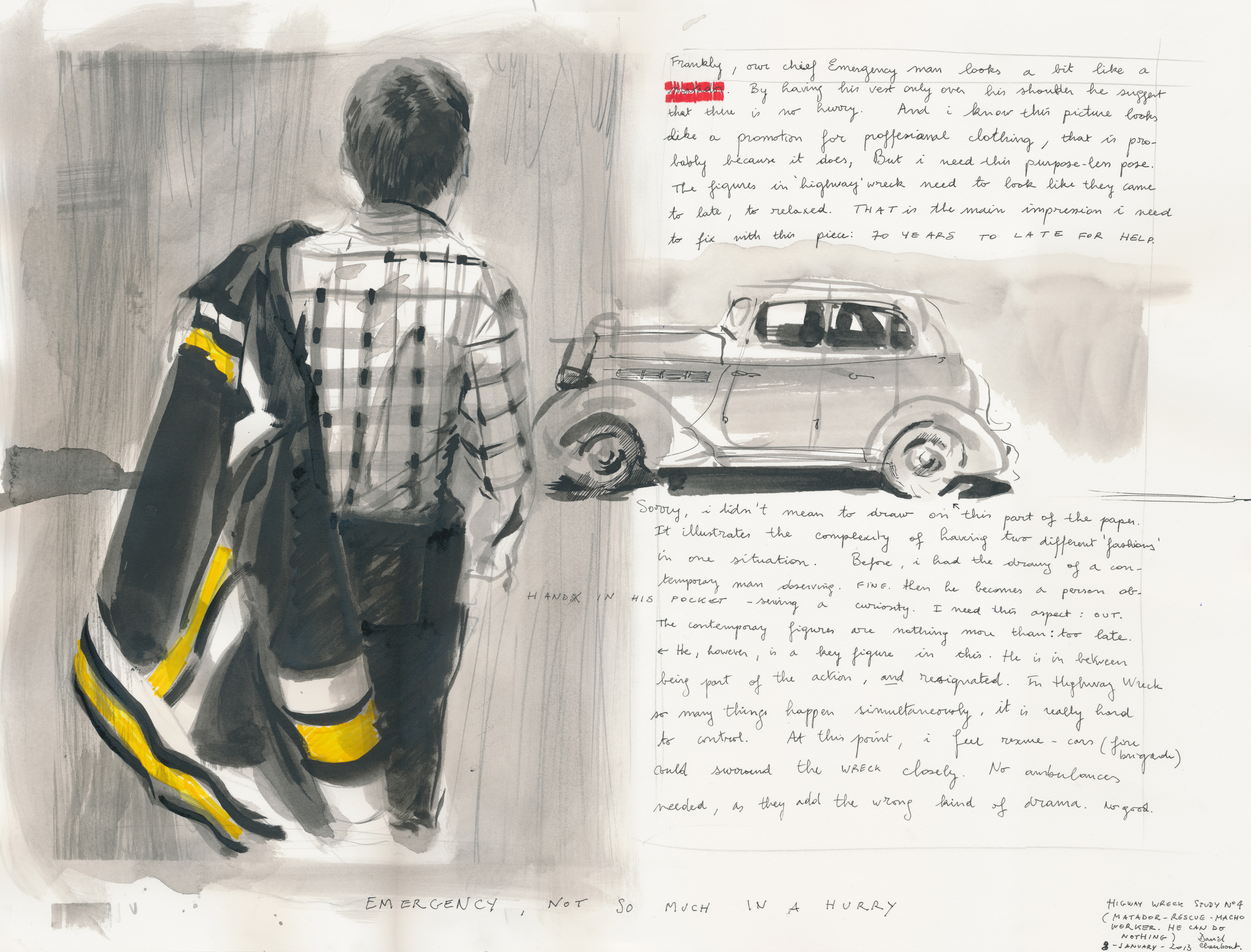 Highway Wreck (Study no 4), 2013, washed ink and felt-tip pen on paper, 46 x 61 cm